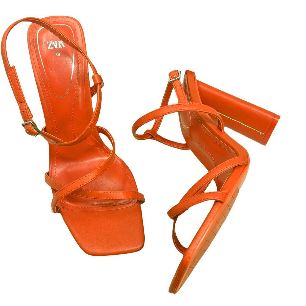 Zara Orange Strappy Square Toe Sandal Heels